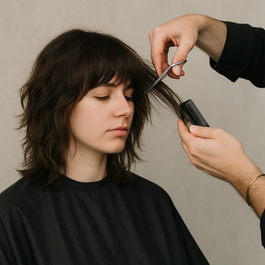 A professional stylist crafting a medium length shag haircut