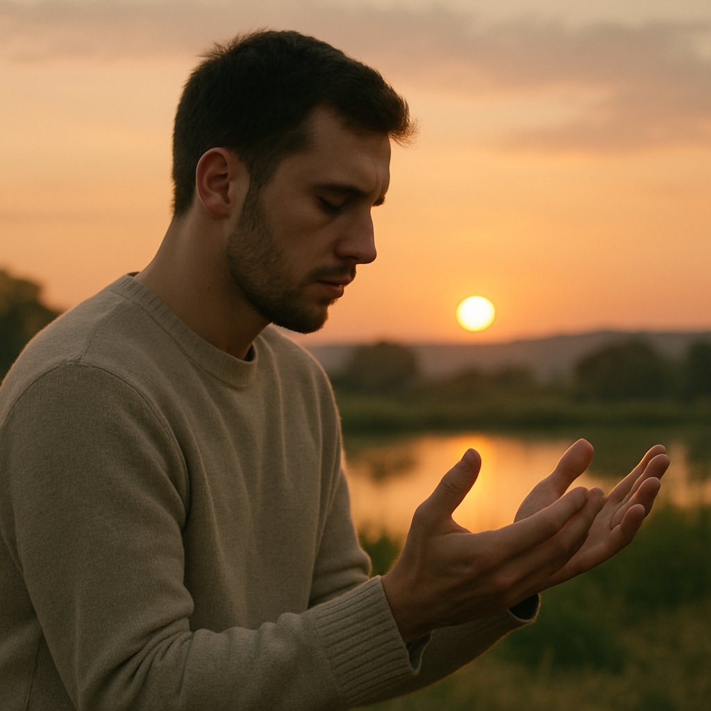 A person praying with open hands in a serene setting
