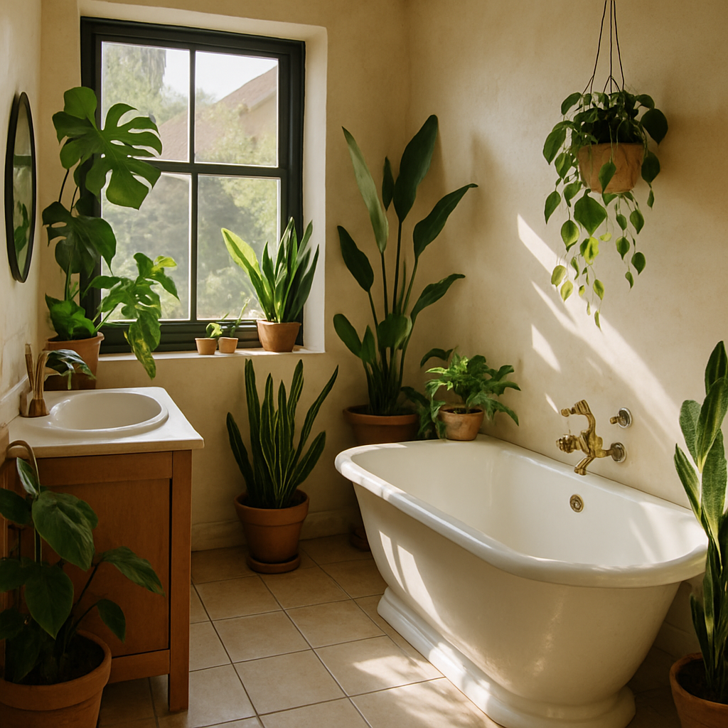 Bathroom with indoor plants and natural light