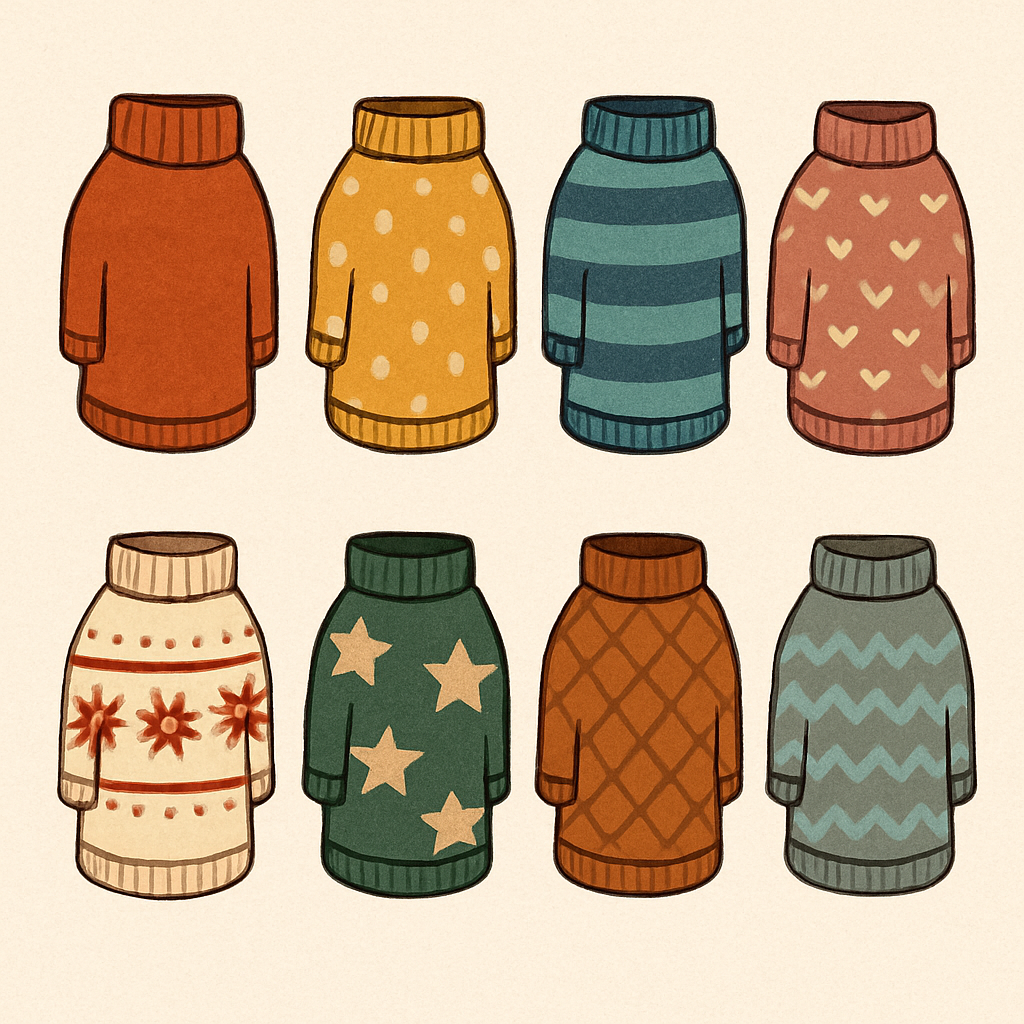 Variety of dog sweaters in different colors and patterns