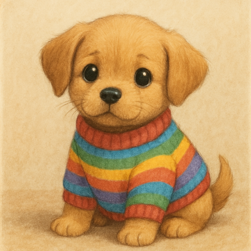 Cute puppy wearing a colorful sweater
