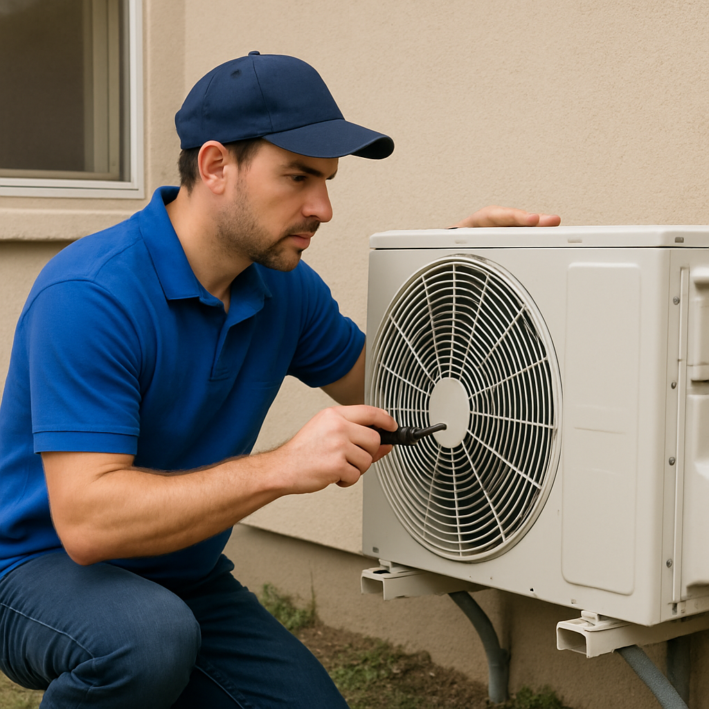 AC service technician inspecting unit