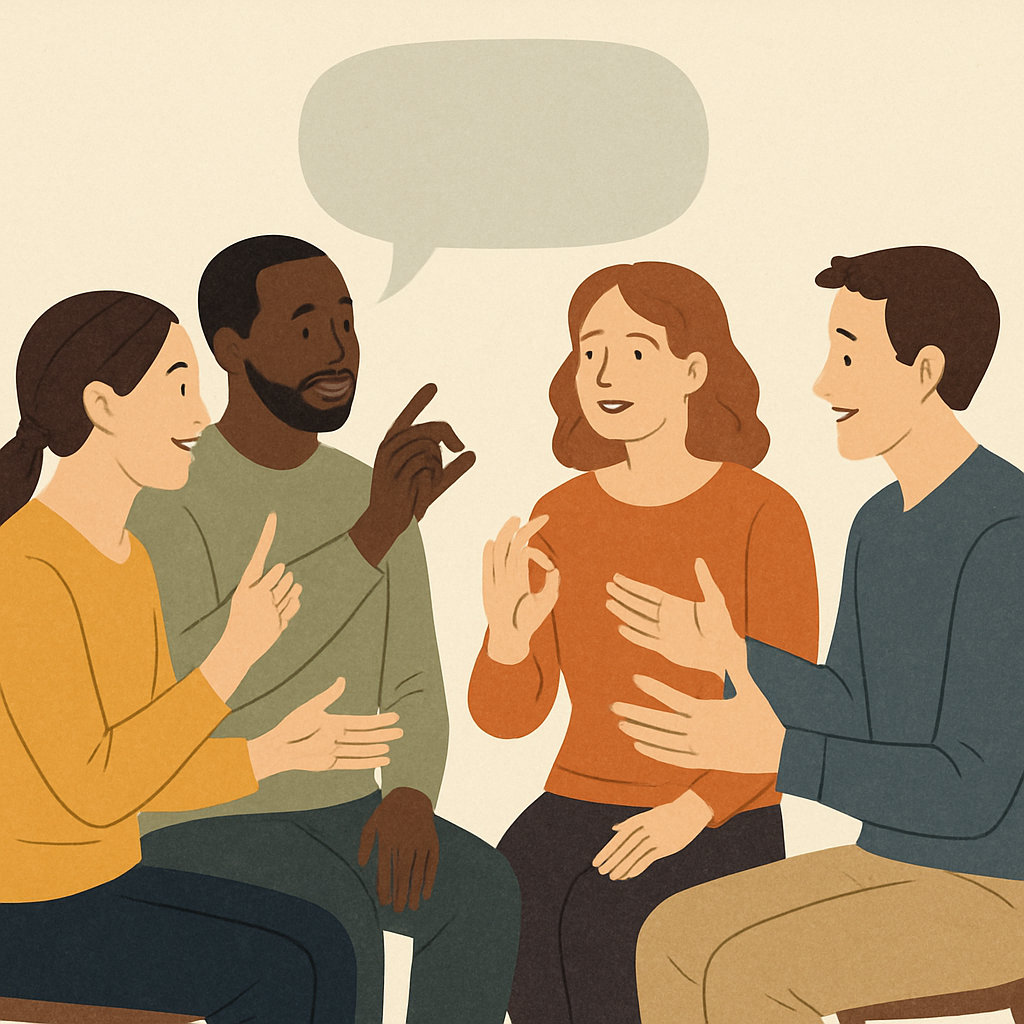 An overview image showing people engaged in a conversation using ASL