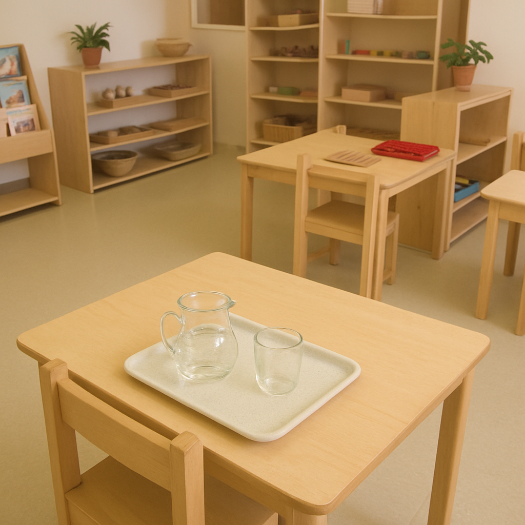 Montessori classroom setup with pouring station