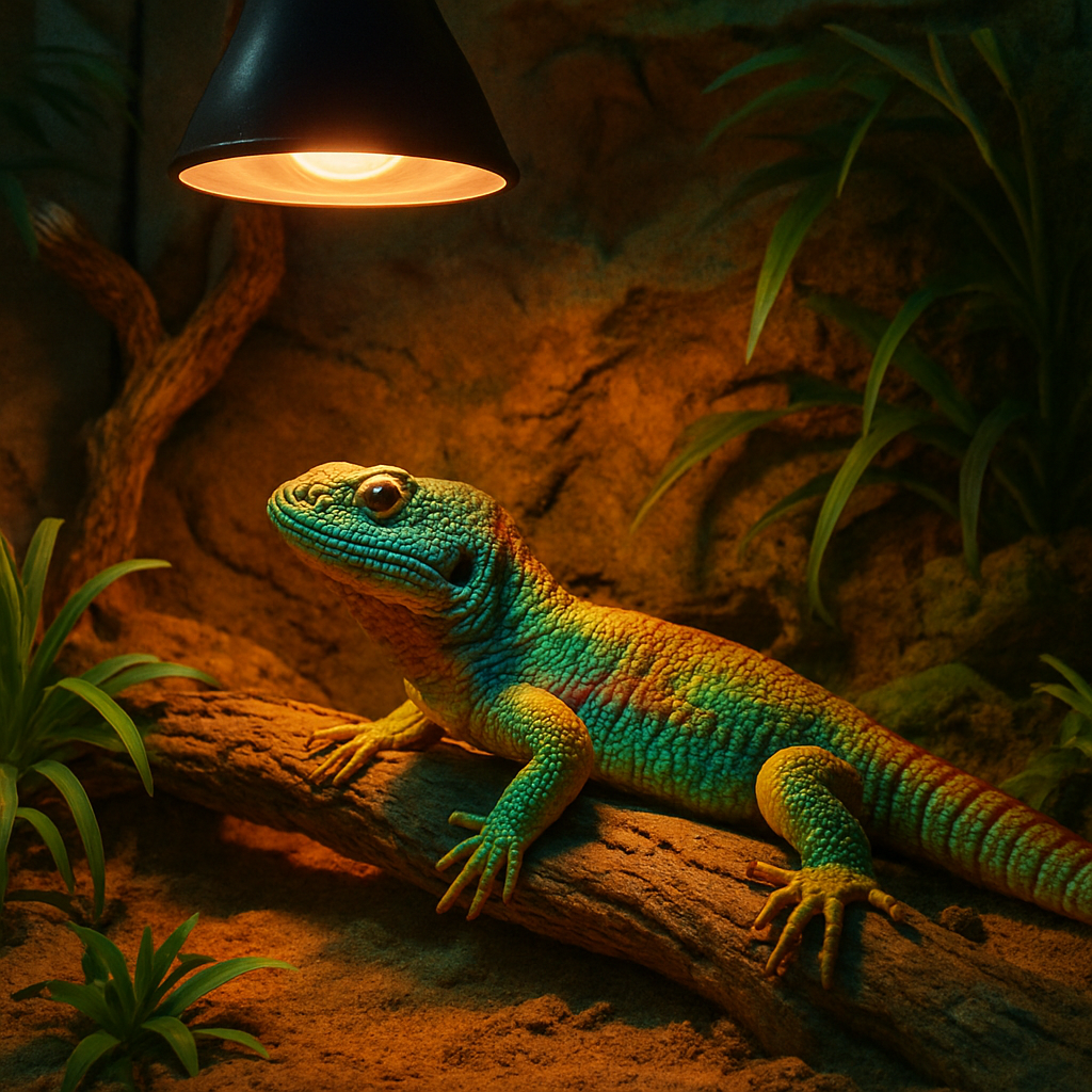 A colorful reptile basking under a heat lamp in a well-designed terrarium