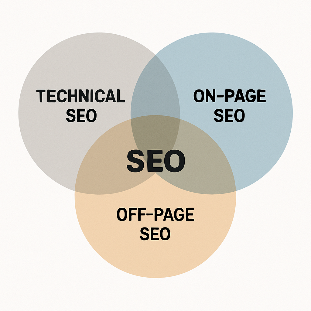 Ein Diagramm zeigt die Verbindung zwischen technischen SEO-, On-Page- und Off-Page-Optimierung