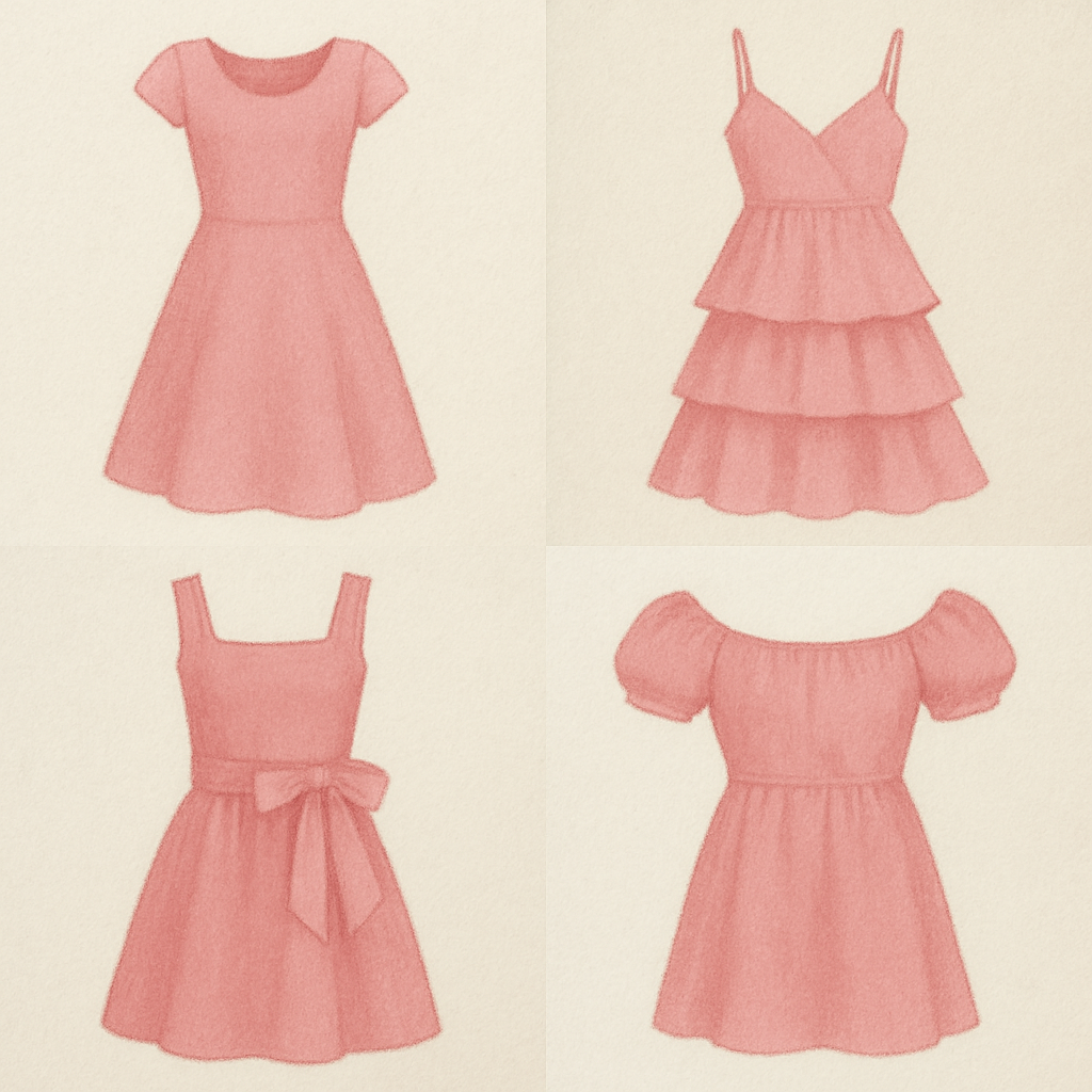 A collection of different styles of pink dresses
