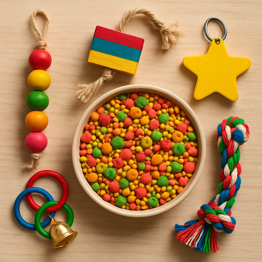 Nourriture pour oiseaux colorée et jouets d'oiseaux