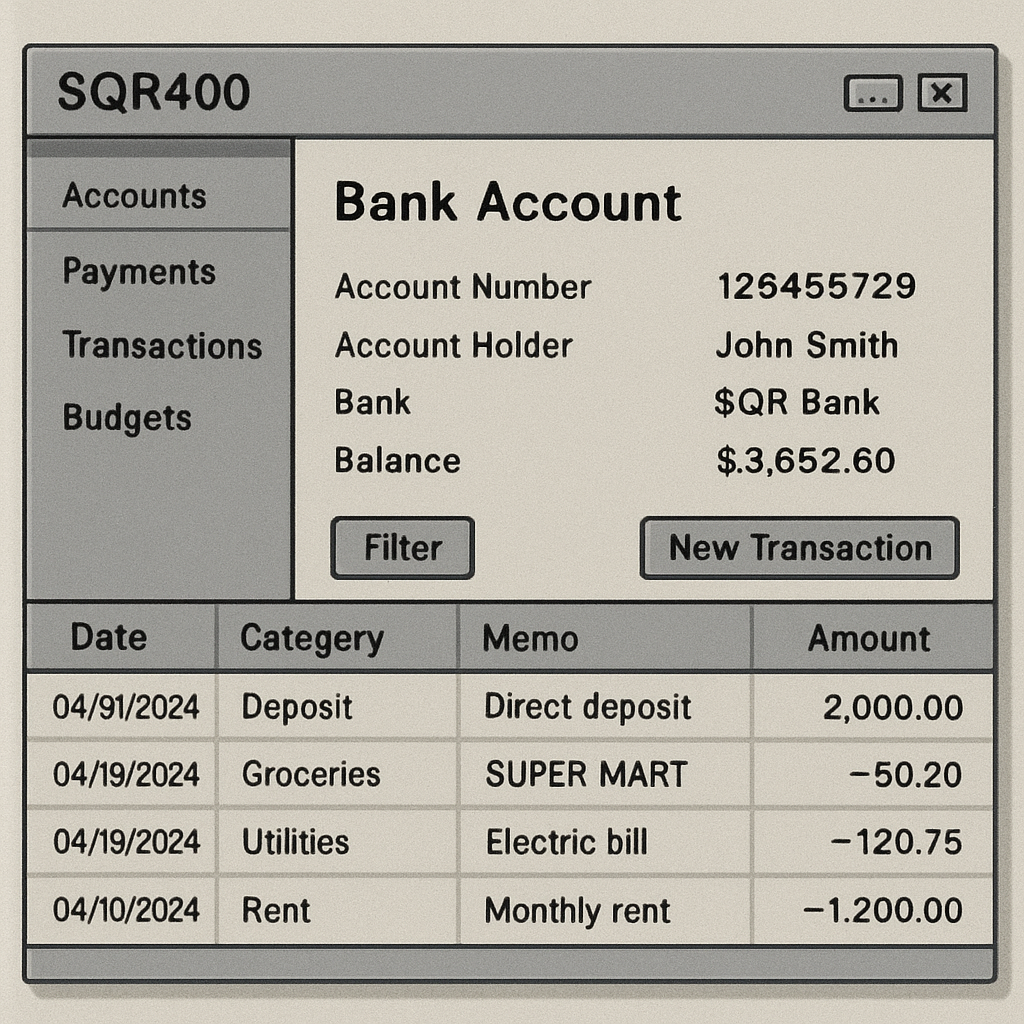 SQR400 bank account software interface