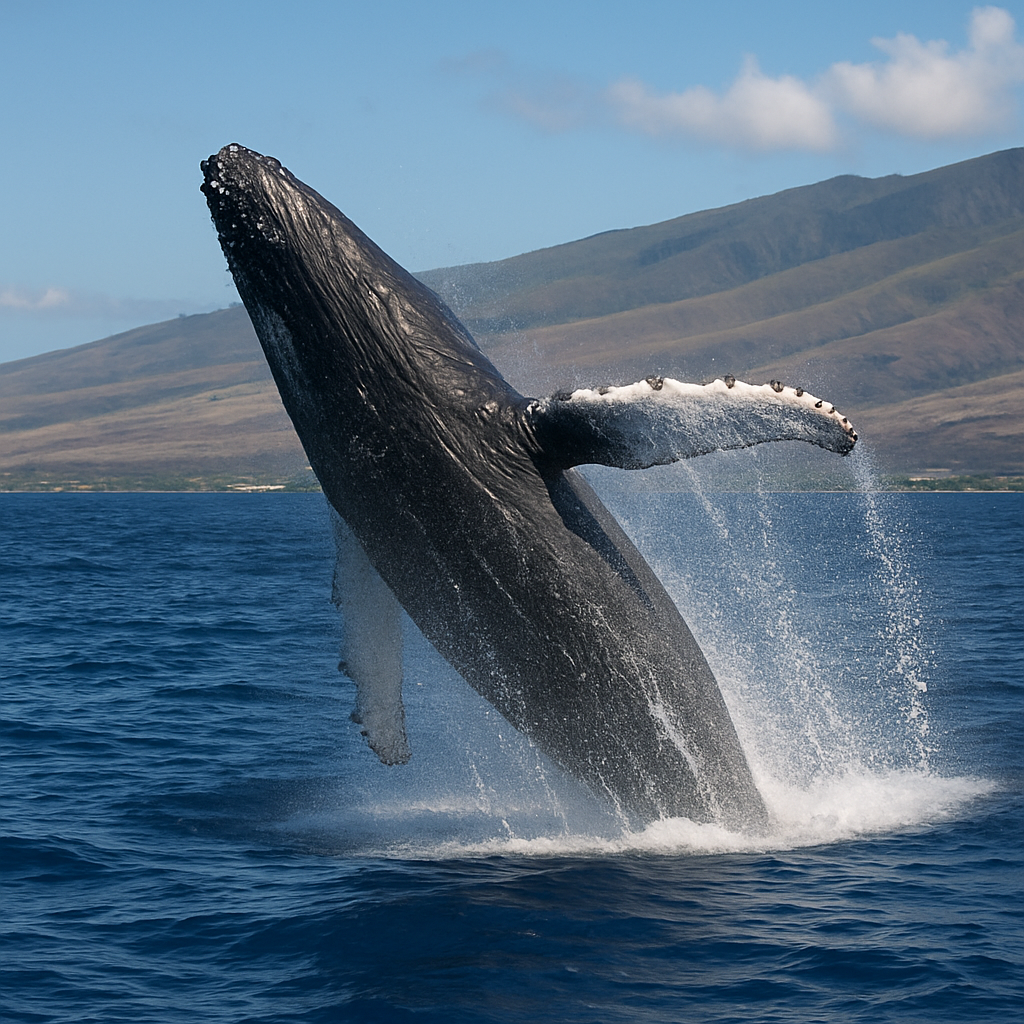 A humpback whale breaching in the waters of Maui