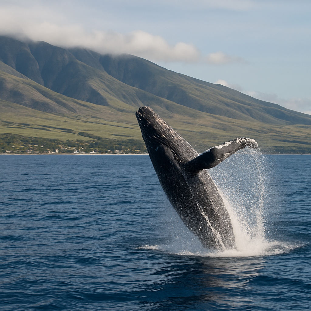 A whale breaching the surface near the coast of Maui