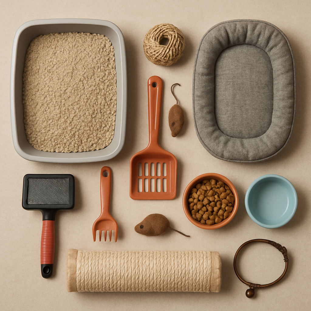 A variety of essential cat supplies neatly arranged