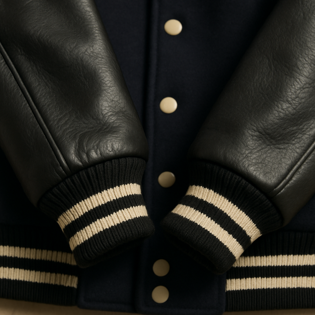 Close-up of leather sleeves on a varsity jacket