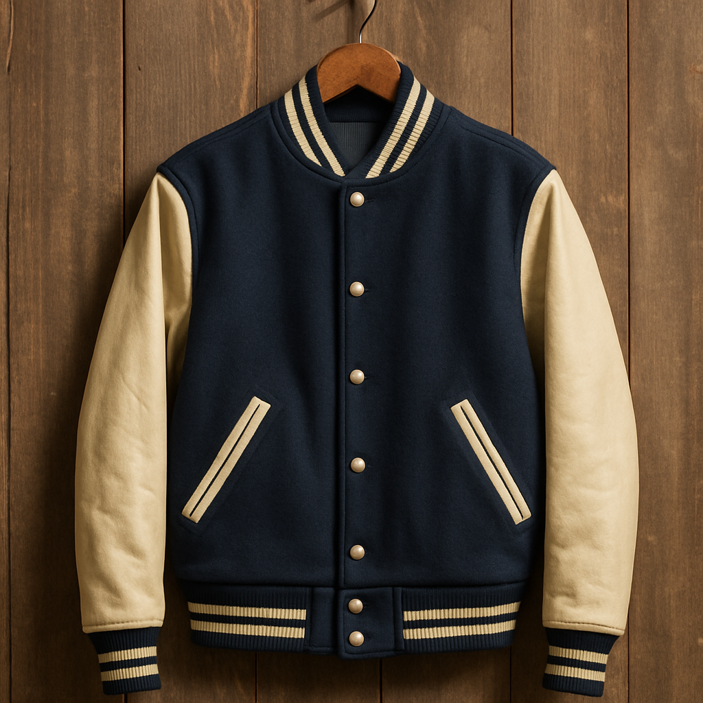 Classic varsity jacket with leather sleeves hanging on a vintage wooden hanger