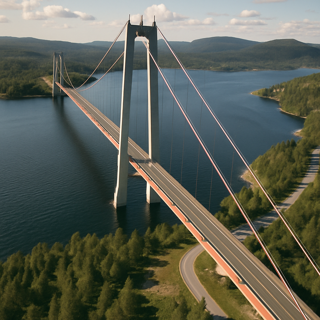 Aerial view of Höga Kusten Bridge with surrounding landscape