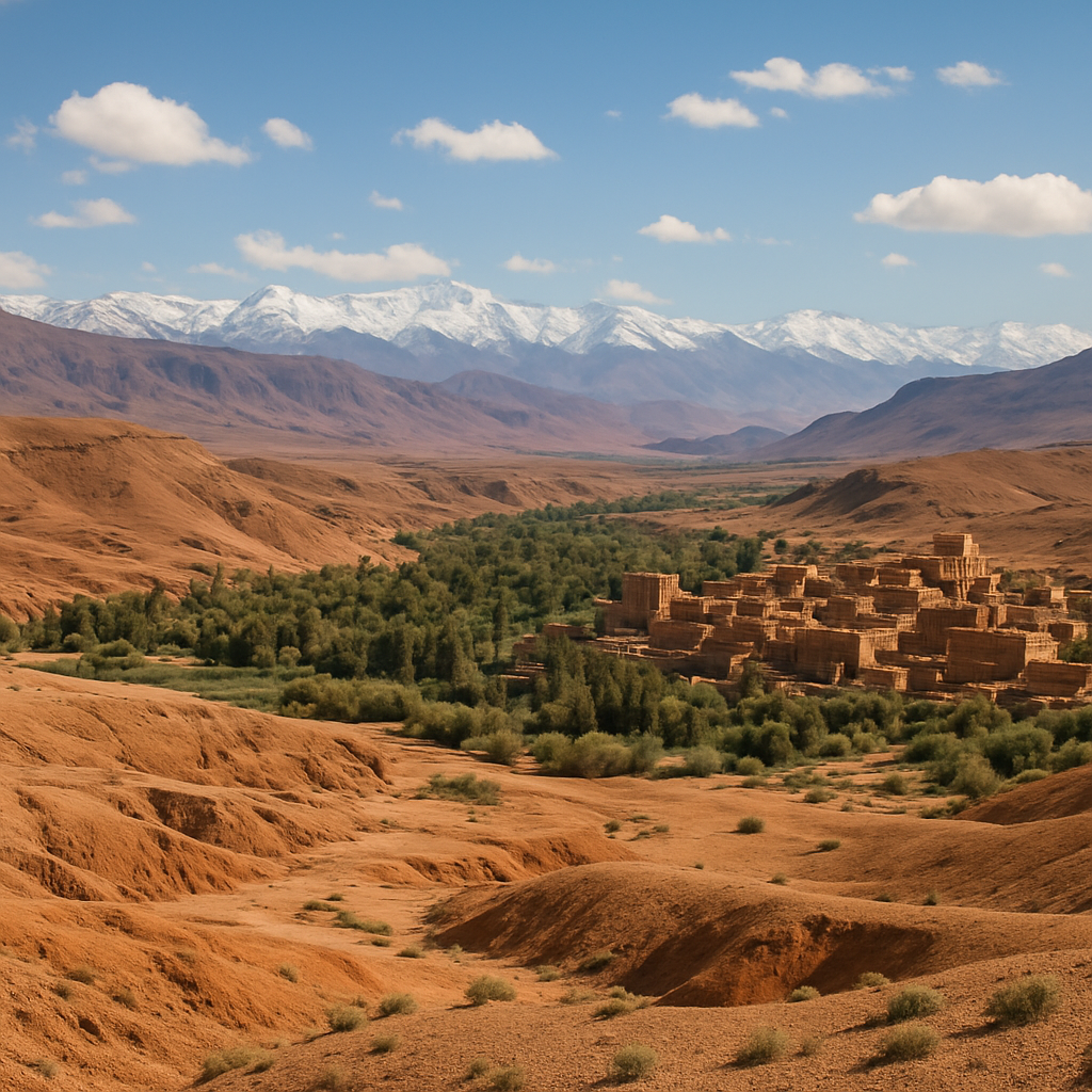 A panoramic view of the Moroccan landscape with mountains and desert