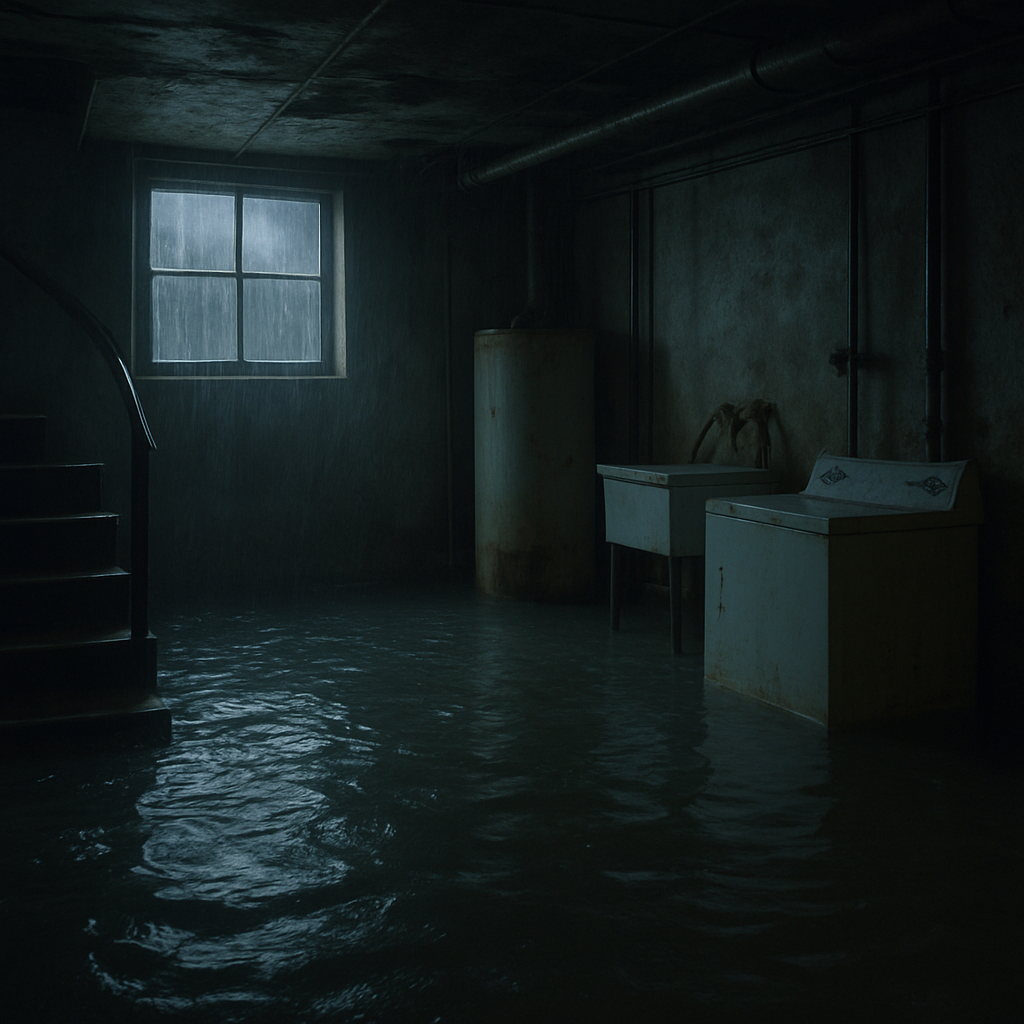 Flooded basement during a storm