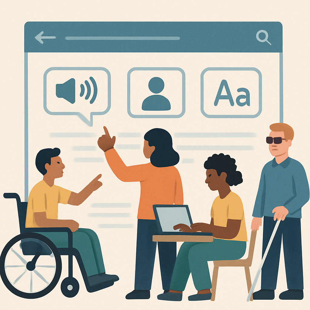 An illustration depicting diverse users interacting with an accessible digital interface