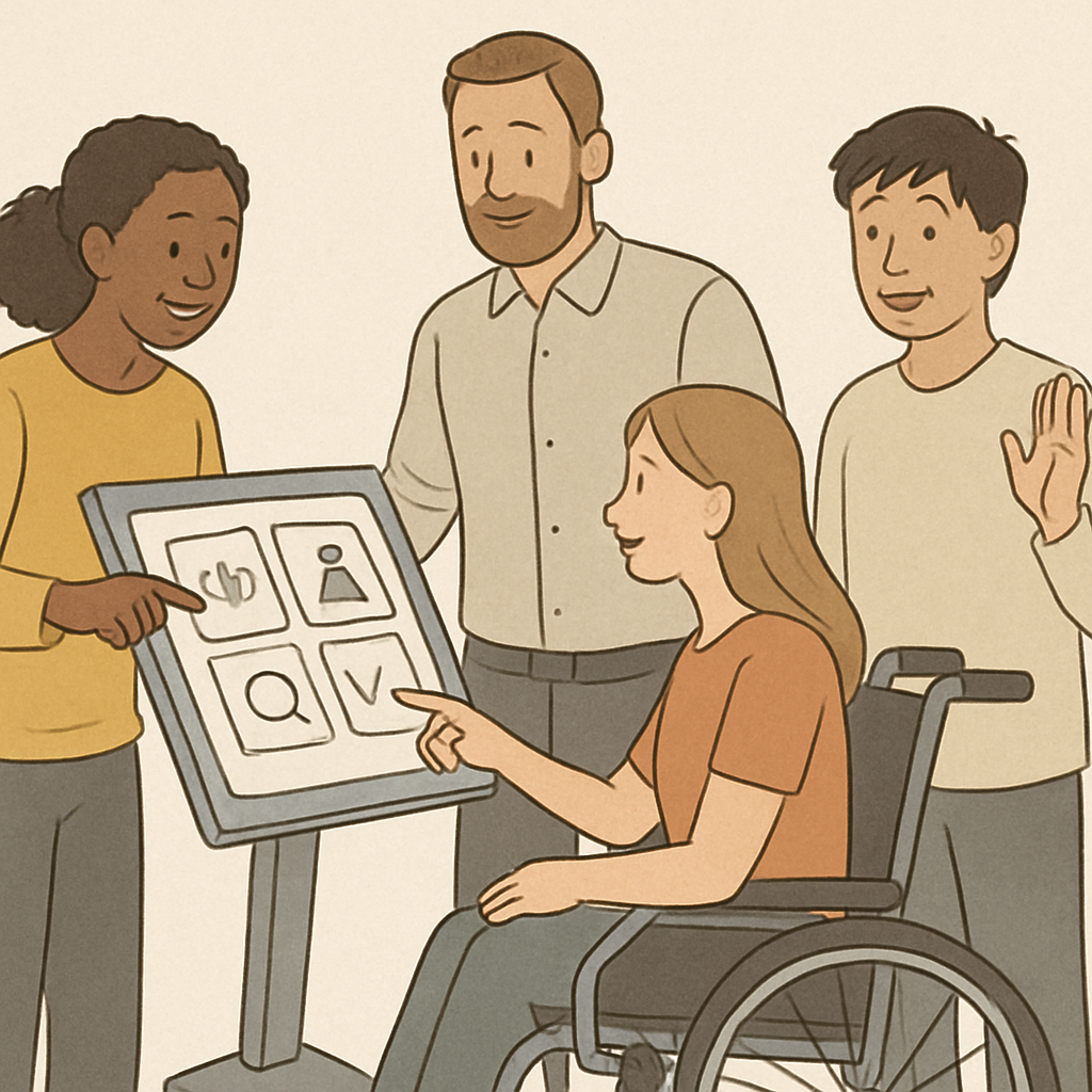A diverse group of people interacting with a universally designed product
