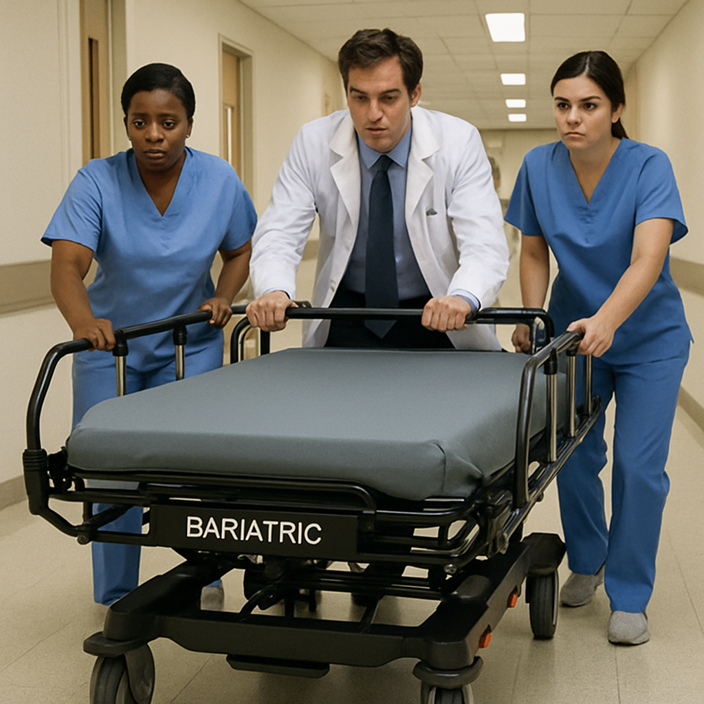 Hospital staff using a bariatric gurney