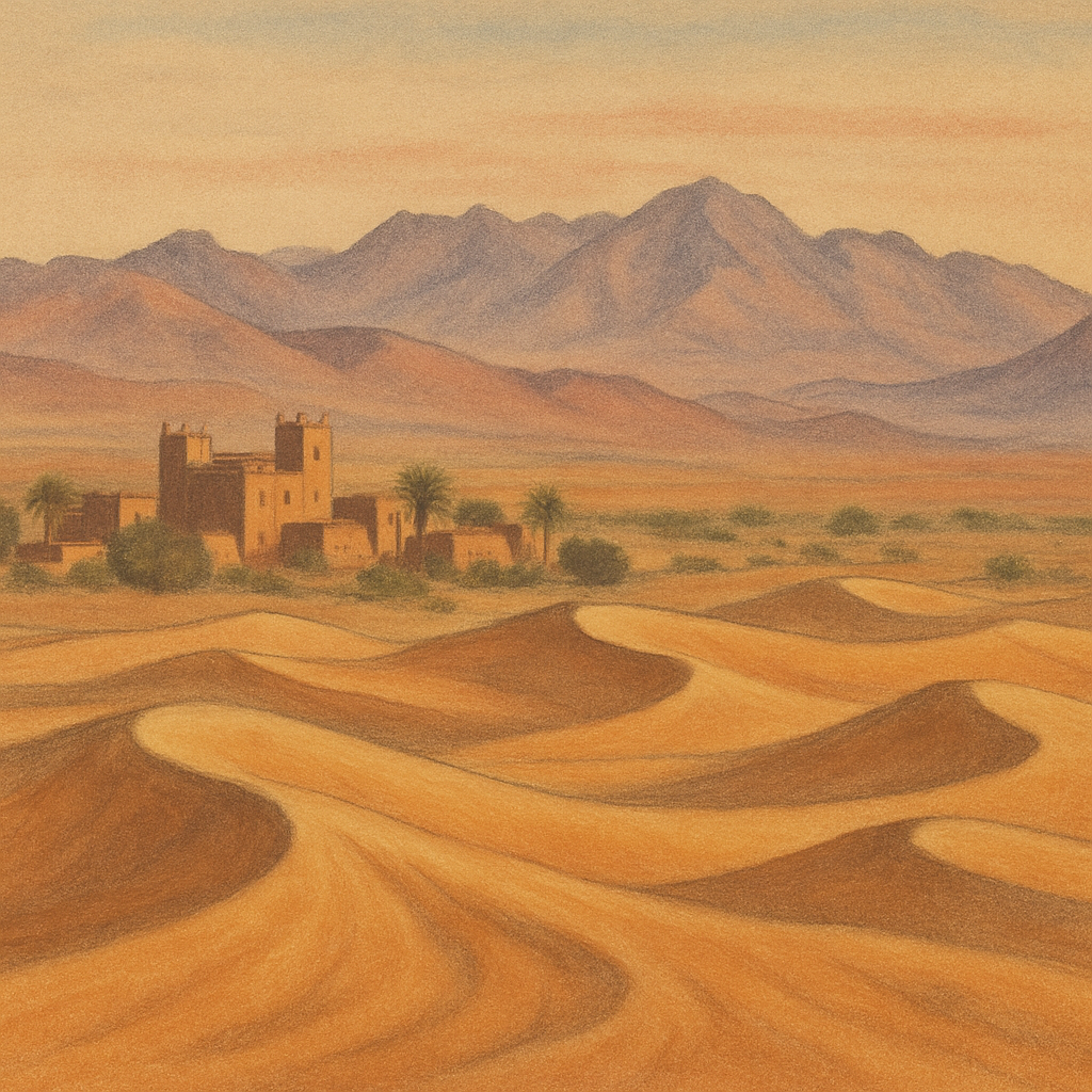 Paisaje de Marruecos con dunas y montañas en el fondo