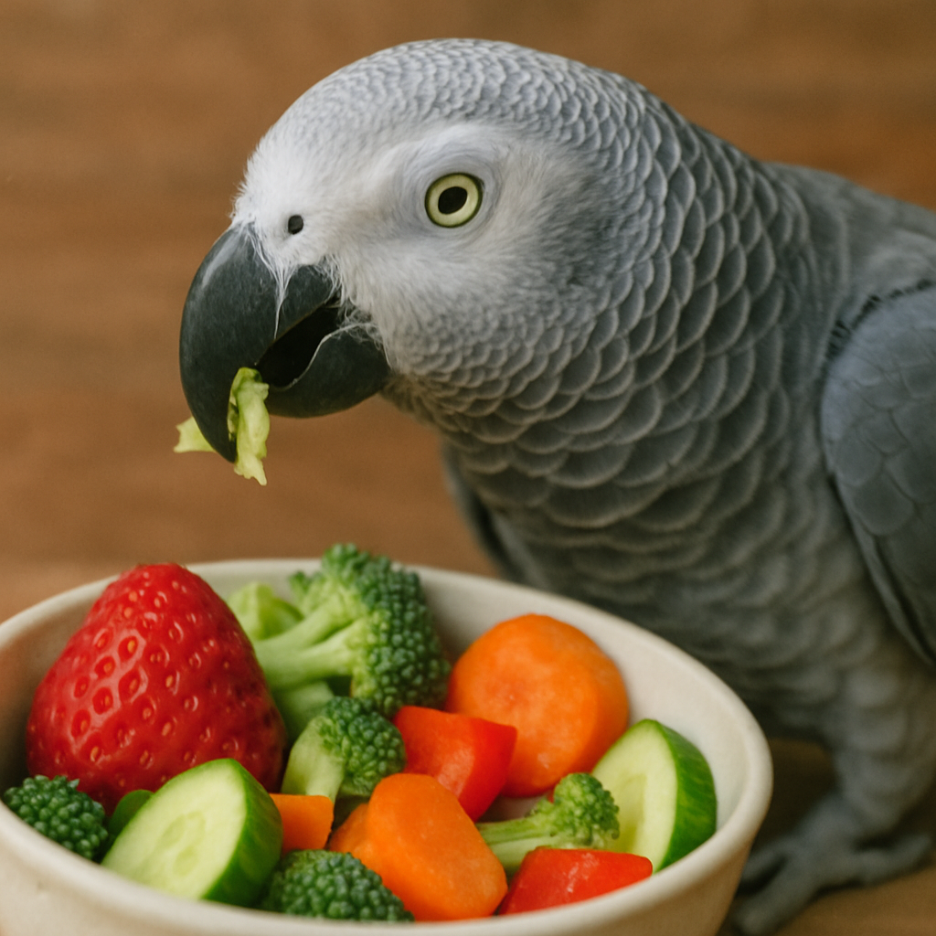 African Grey Parrot Eating Healthy Food