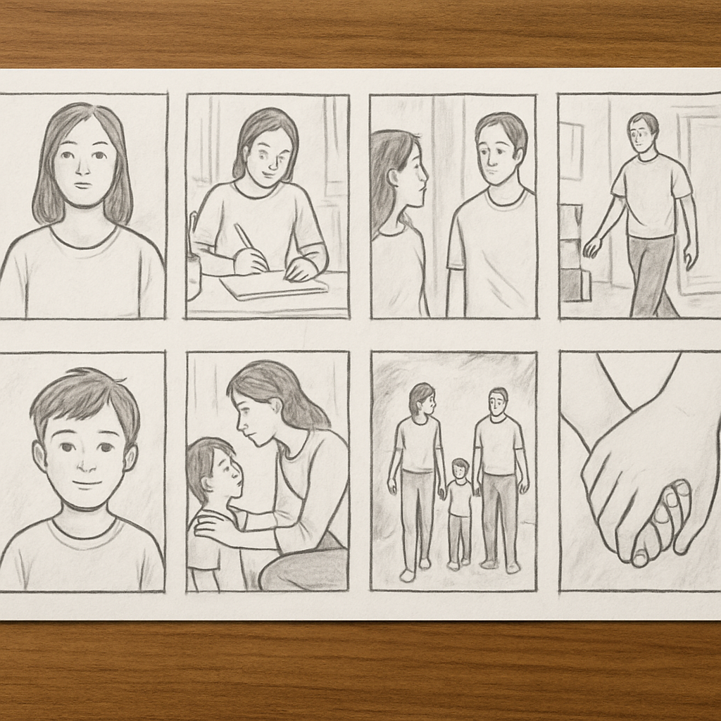 Storyboard sketches on a table