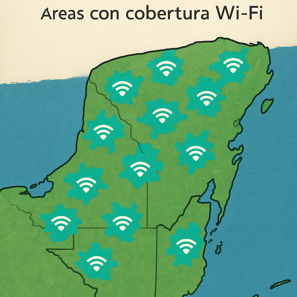 Mapa de la Península de Yucatán destacando áreas con cobertura Wi-Fi