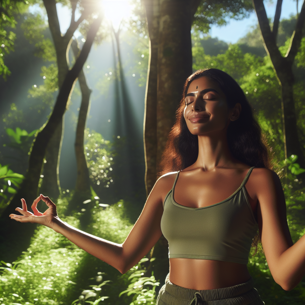 A woman, smiling, with her eyes closed and her right arm stretched out bent at the elbow, with her thumb and index finger touching. She is in nature, enjoying herself.