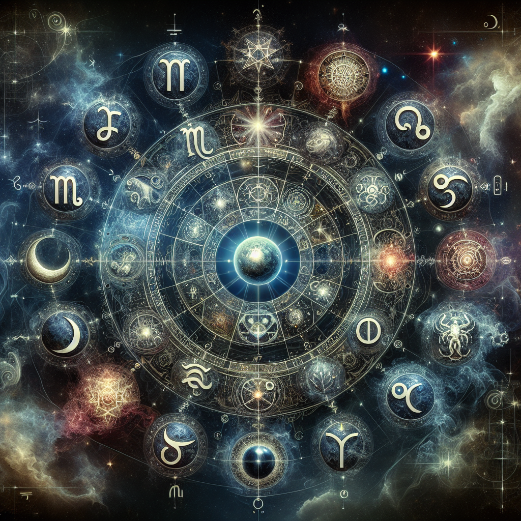 The blue-colored zodiac wheel with the zodiac and planet symbols in circles encircling the wheel.