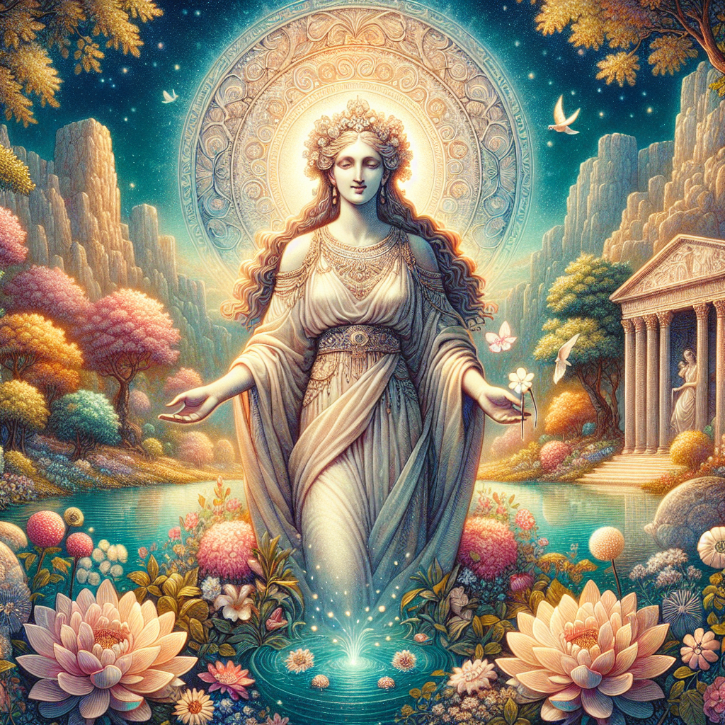 The portrayal of Venus. The grey statue of a woman with long hair and a grey circle behind her head. Colorful flowers and trees around her. Blue lake and the sky.