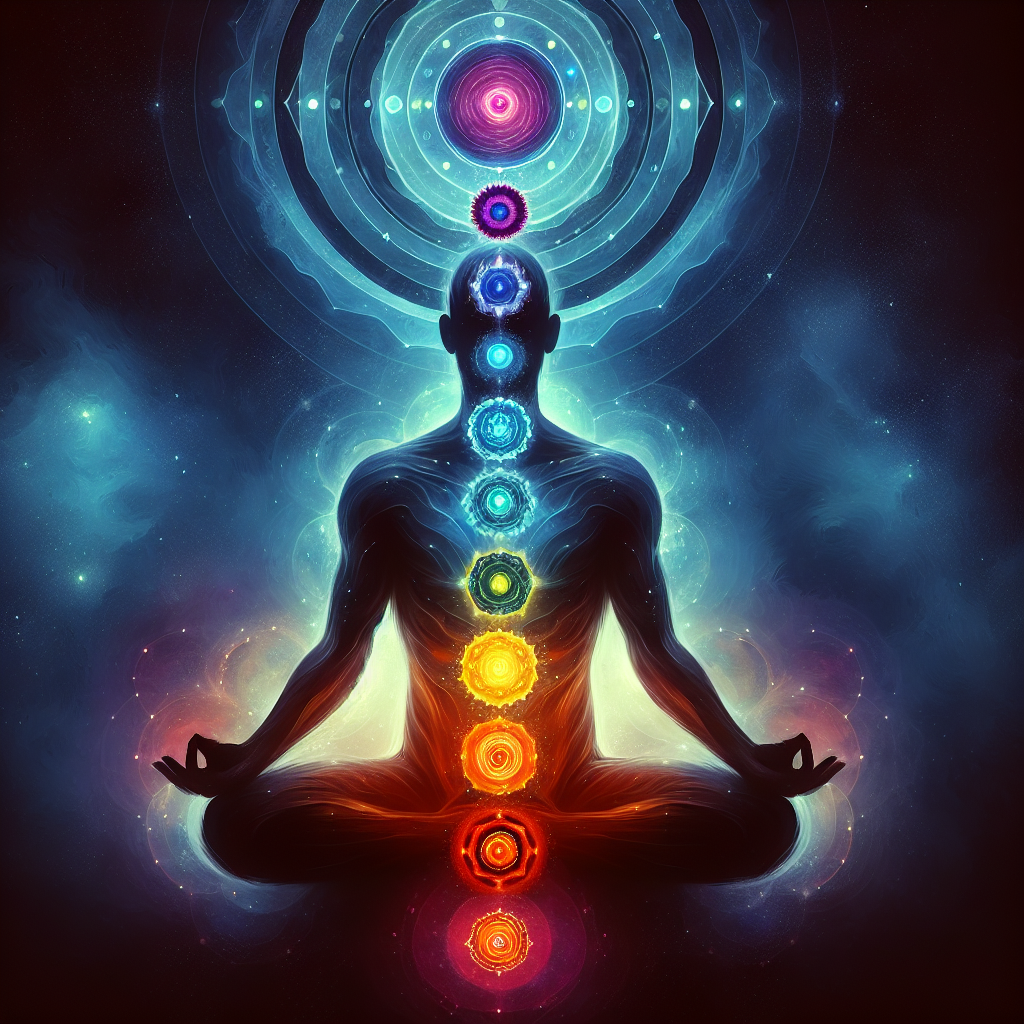 The depiction of the human body with the eleven chakra wheels, starting from below the ground and reaching out into the cosmos.