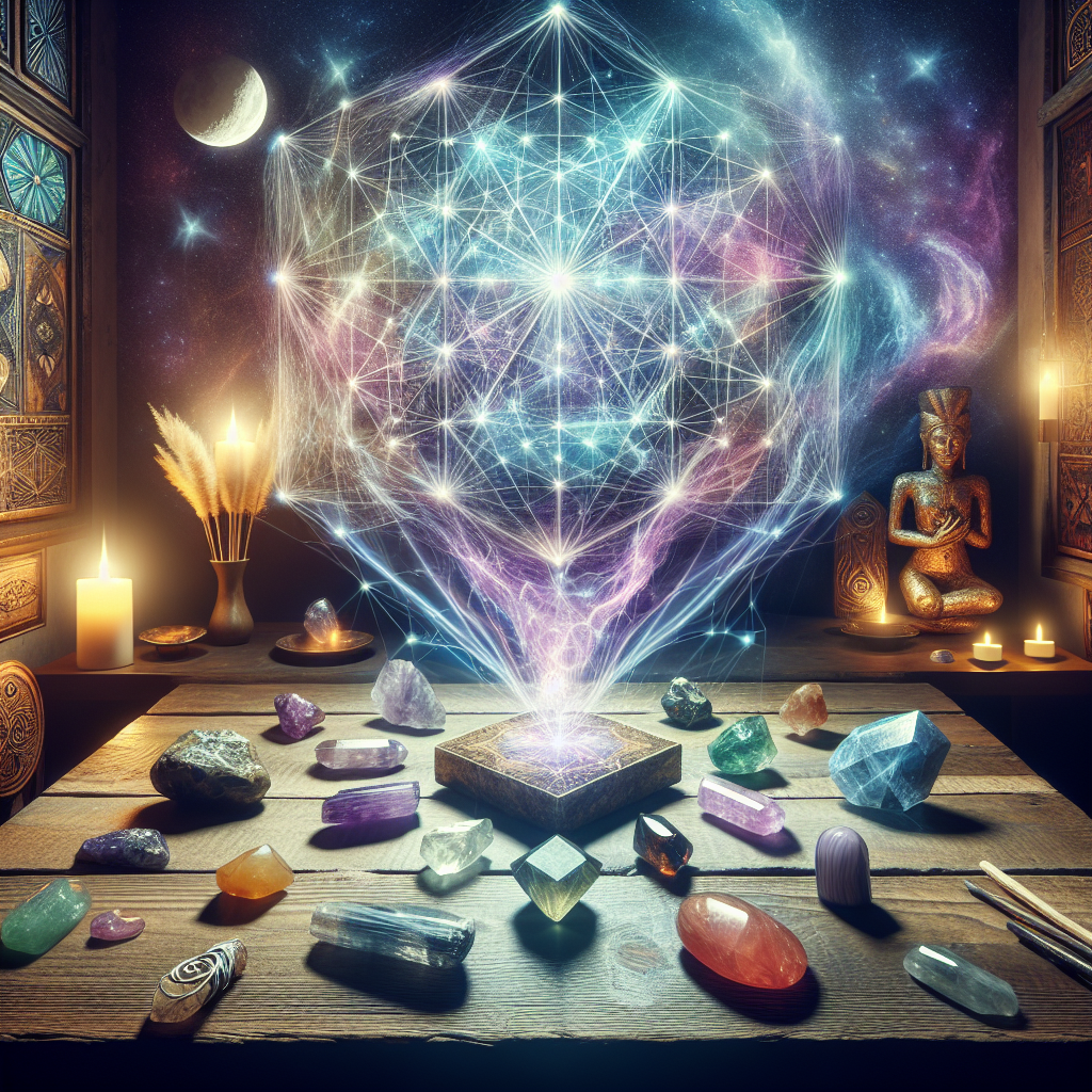 A book with the blue and violet energy field emanating from it. The various crystals are spread out  around it. It is located on a wooden table.