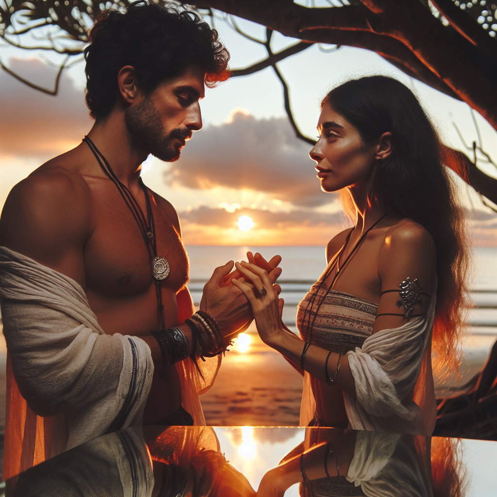 A man and a woman about to hold hands on a beach. The Sun is setting behind them.