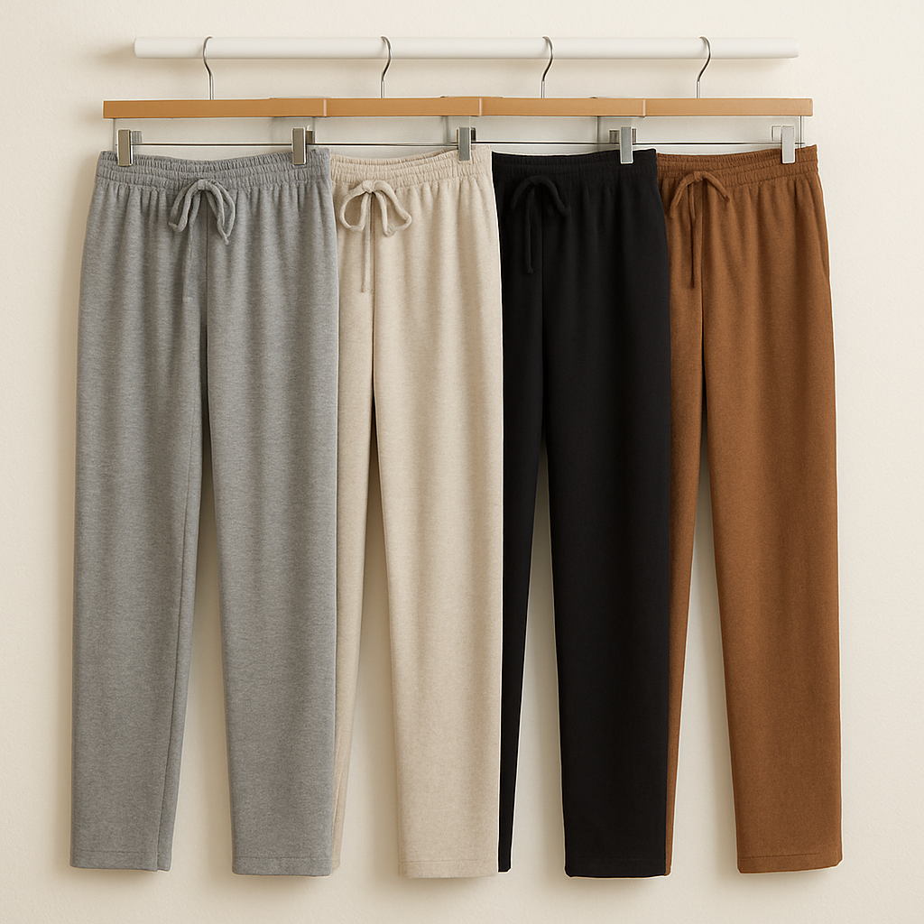 collection of lounge pants in various fabrics and colors