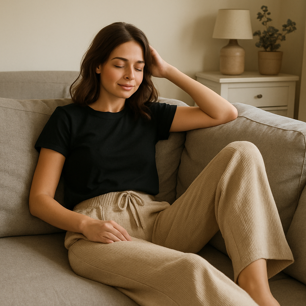 woman in stylish lounge pants relaxing at home