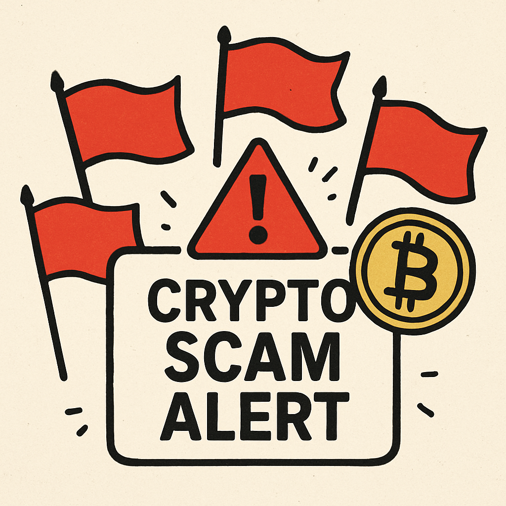 Illustration of a crypto scam alert with red flags