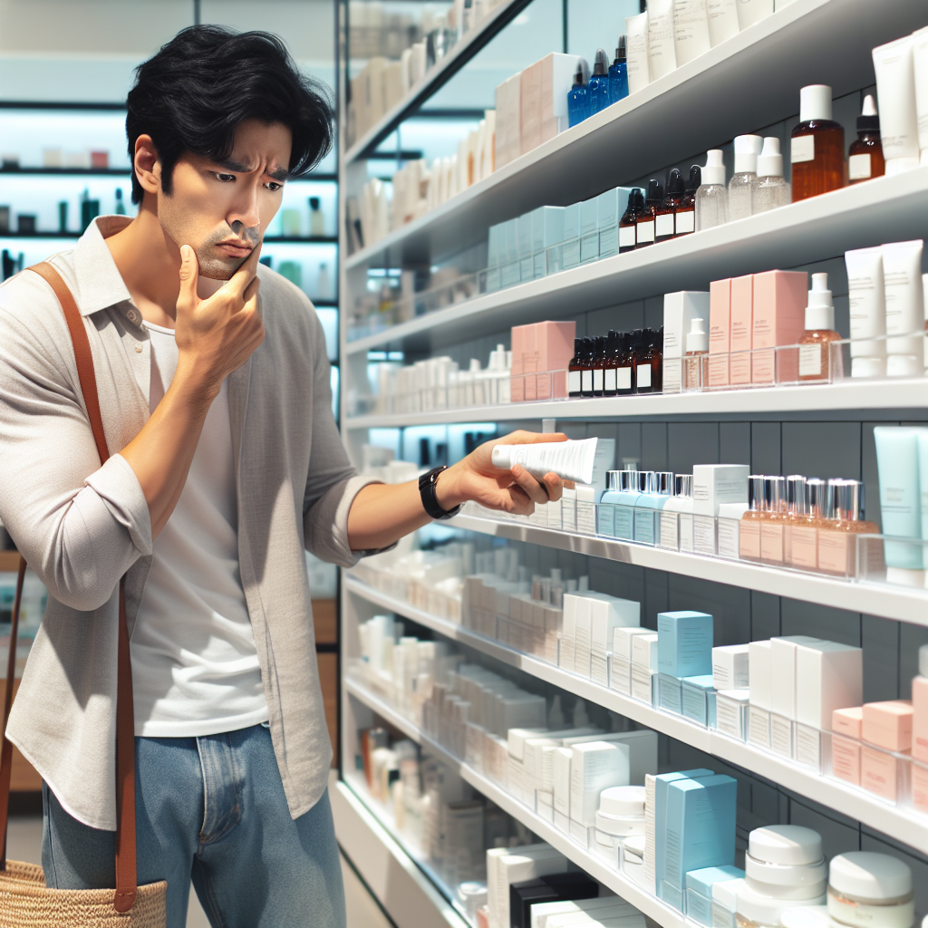 Man looking at skincare products with a confused expression