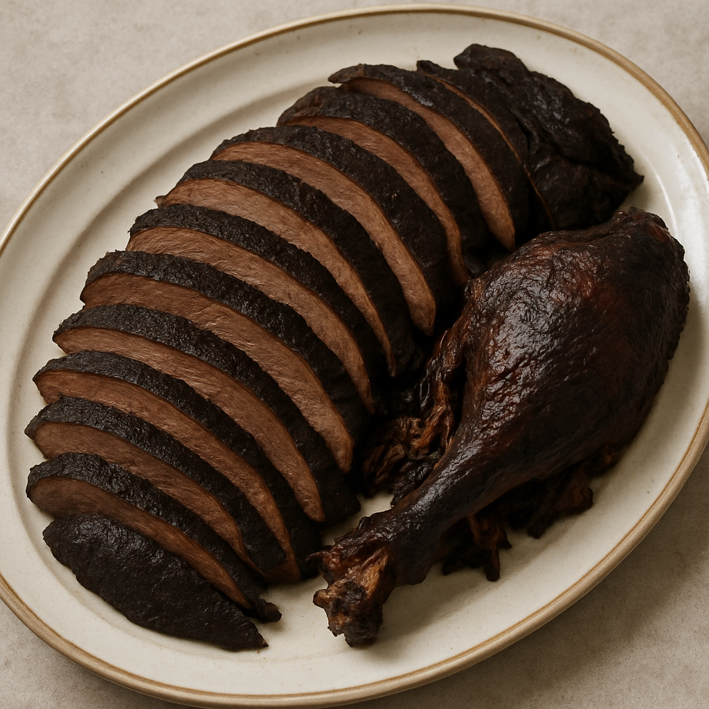 Black turkey meat on a platter