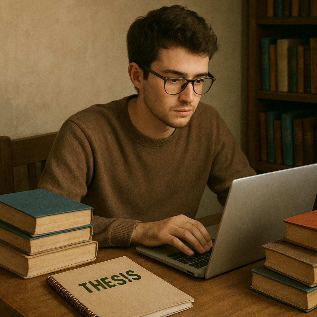 A student working on a thesis with a laptop and books