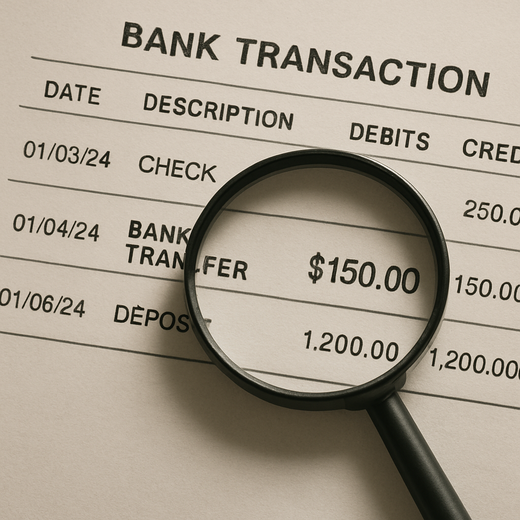 Magnifying glass inspecting a bank transaction