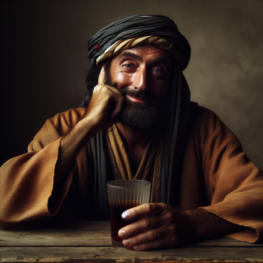 A man dressed in brown, smiling with the hand on his cheek and another hand on a wooden table holding a glass with a brown liquid.