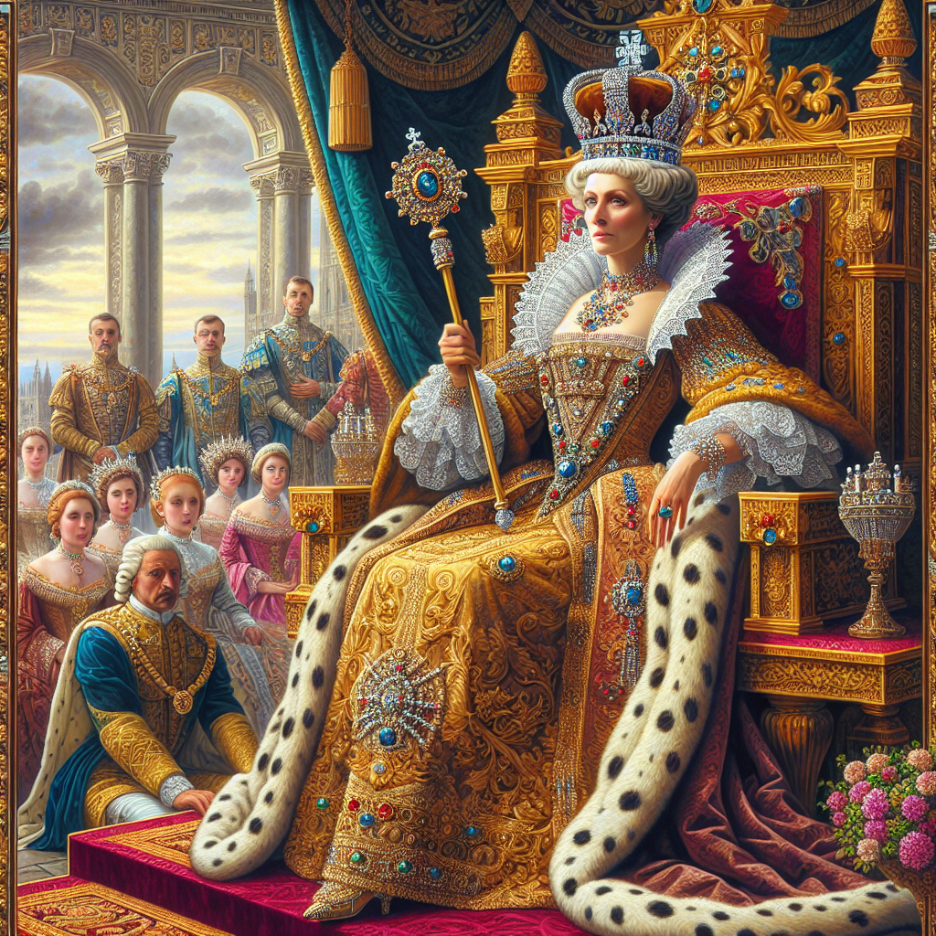 A queen on the throne. She wears a crown and has a stick with the blue jewel in her hand. There are a couple of people to her right.