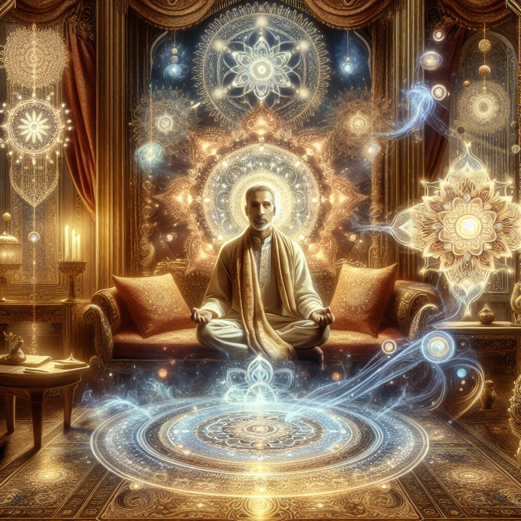 Man on a gold-colored couch with two pillows in gold-colored clothing is in a lotus pose. The room he is in is in gold and light blue tone. There are sacred multi-petal symbols scattered throughout the room.