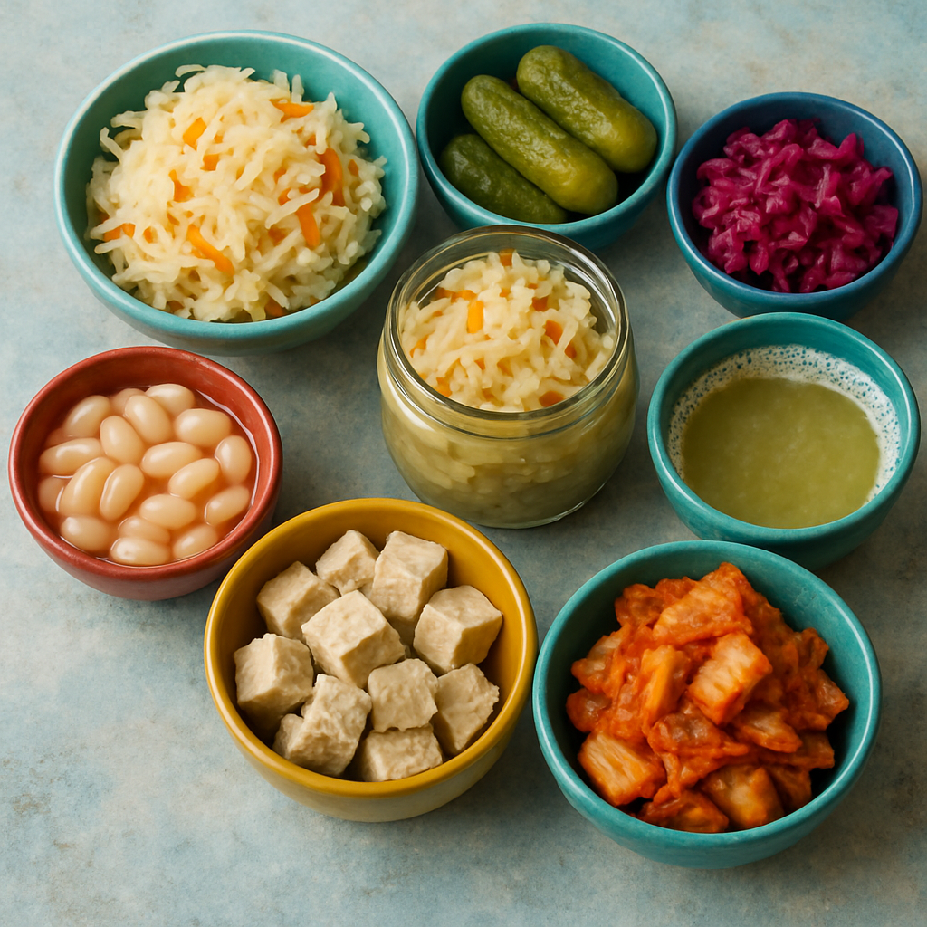 Colorful assortment of fermented foods