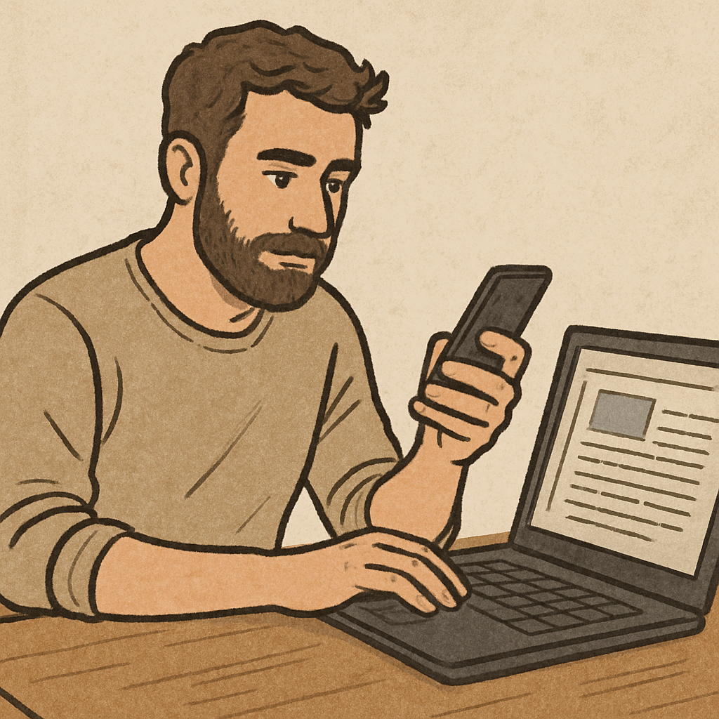 A writer using an app on a laptop and a smartphone