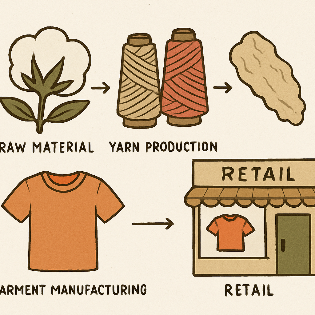 Illustration of a garment's journey from raw material to retail