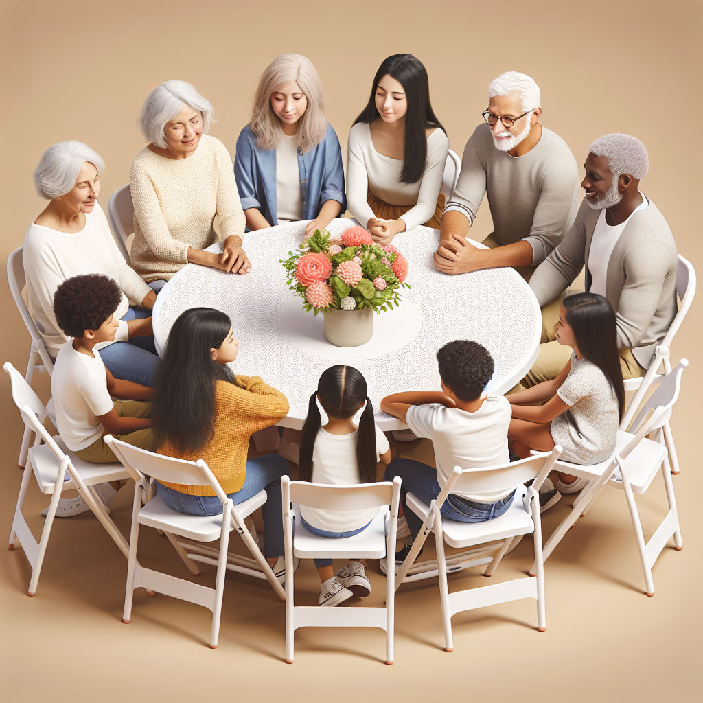 A group of adults and kids are seated around a 5ft white round table