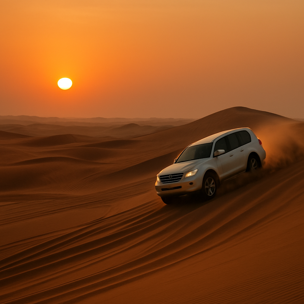 Dune bashing at sunset in Dubai desert