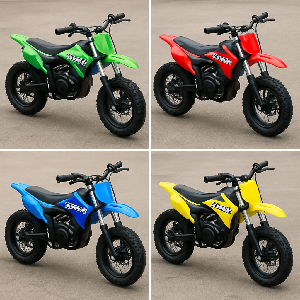 A variety of colorful electric dirt bikes for kids